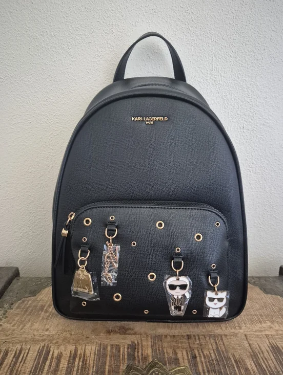 Karl Lagerfeld Paris Black  Backpack with Logo Straps and Charm Accents - Picture 2 of 16